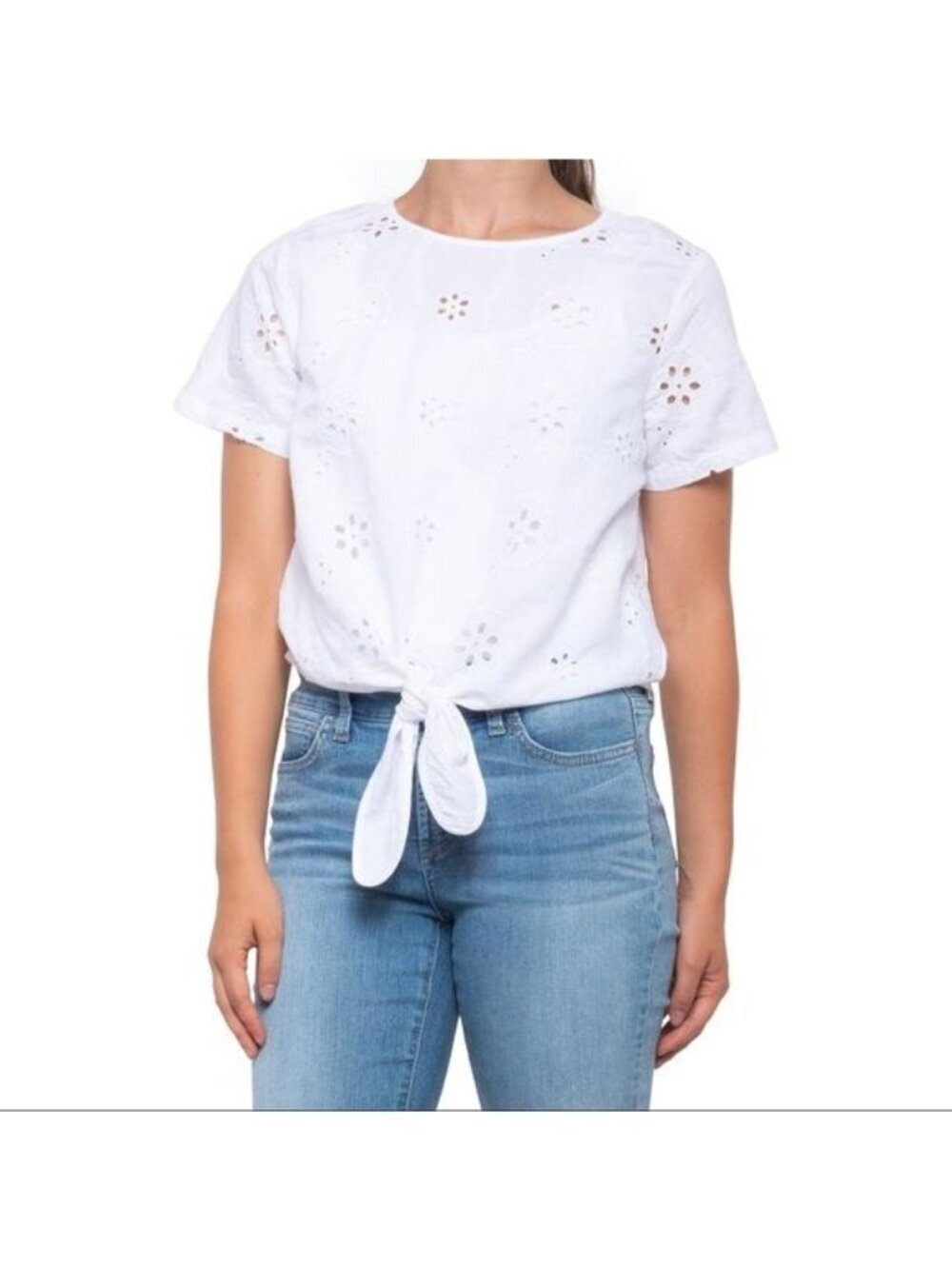 Christian Siriano White Linen Cotton Blend Eyelet Lace Coastal Top Women M